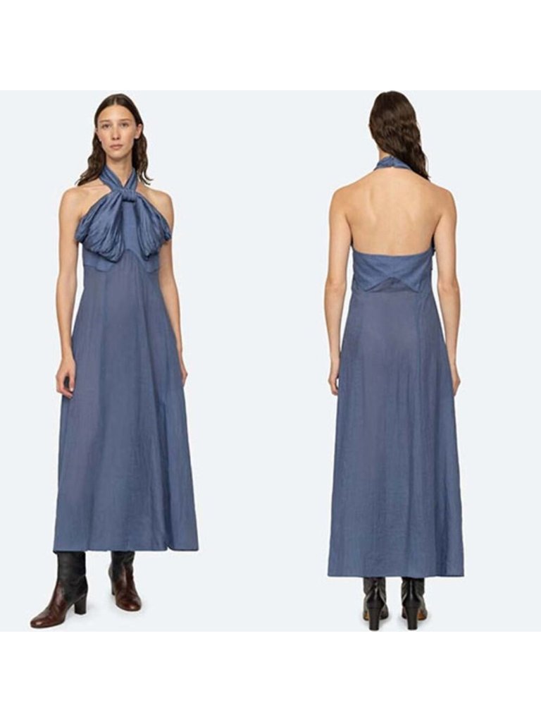 Nwt Sea New York Risa Halter Neck Oversized Bow Detail Maxi Dress Blue Size: 2